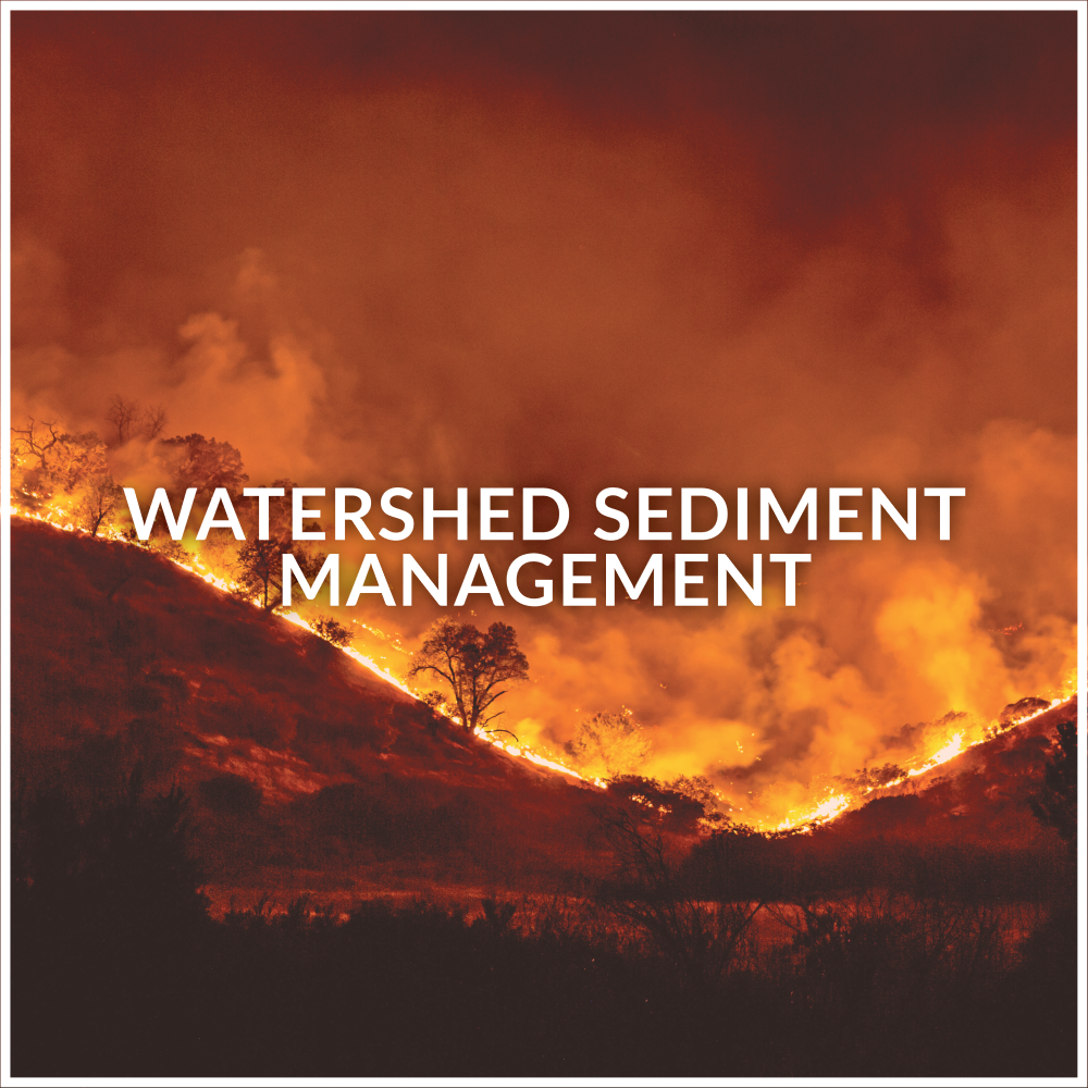 Watershed sediment management button with a red hue and a picture of a brush fire that takes you to more information about the watershed sediment management targets 